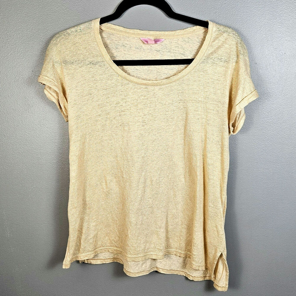 Lilly Pulitzer Womens XS Inara Linen‎ Knit Short Sleeve Scoop Neck Top Champagne